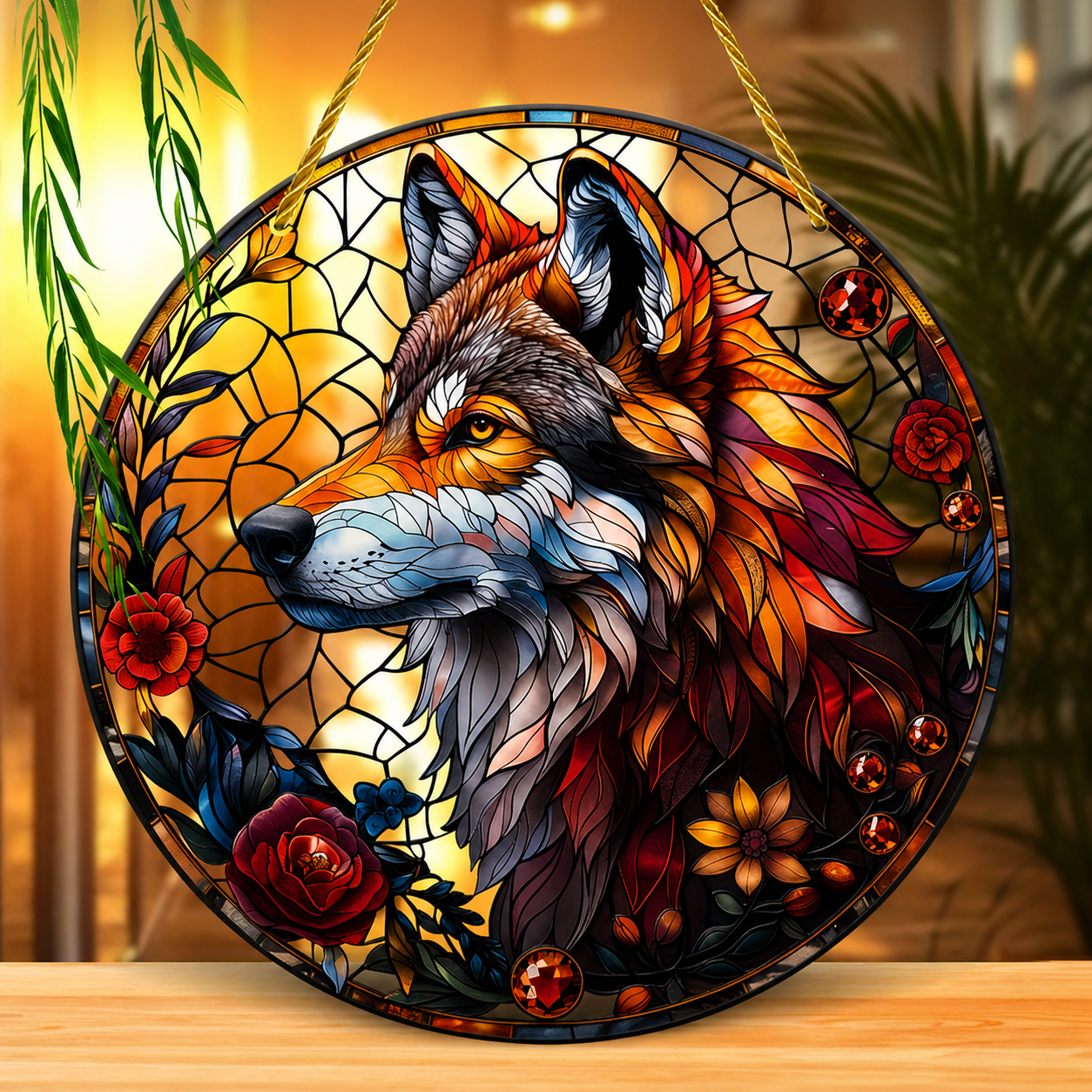 Majestic Wolf Stained Glass Hanging Decor