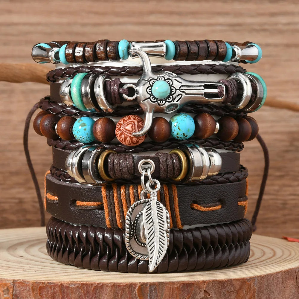 Unisex Vintage Leather Bracelets – 22 Styles | 6 Pieces per Set