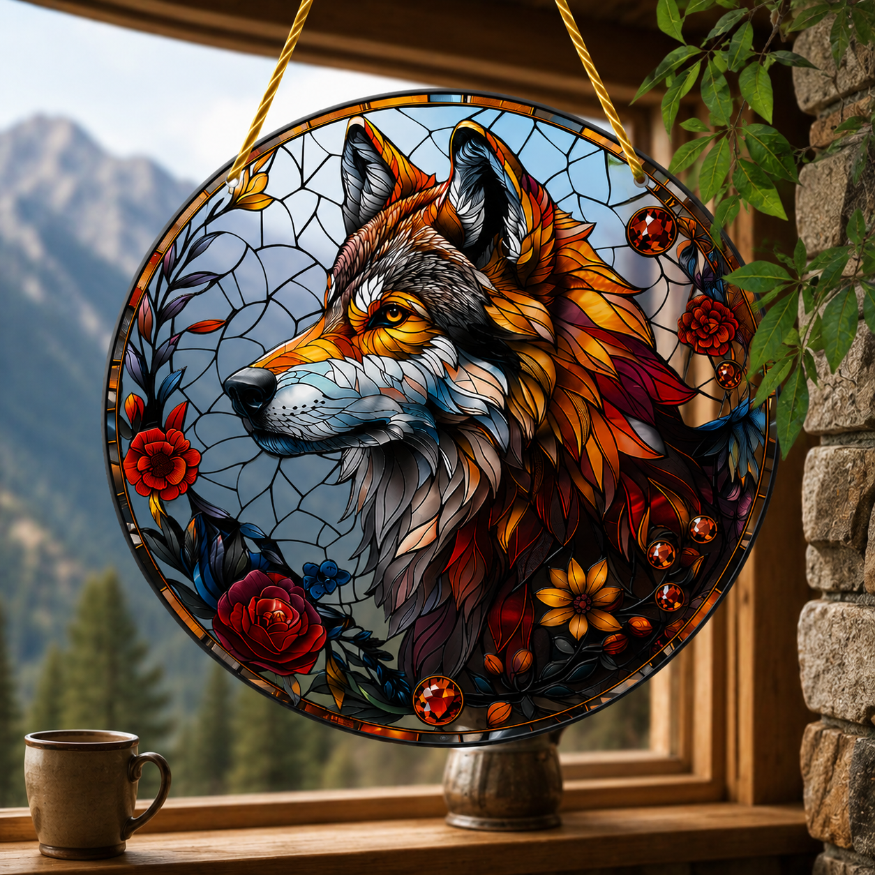 Majestic Wolf Stained Glass Hanging Decor