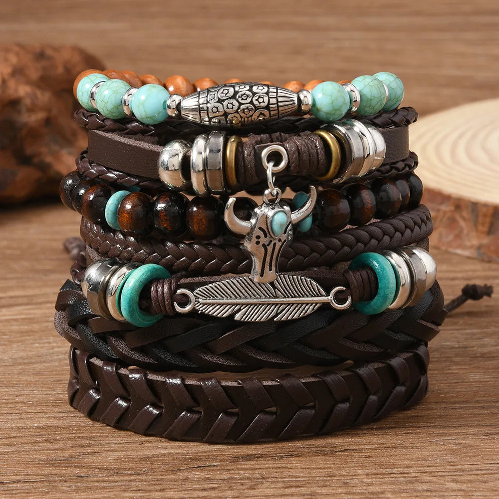 Unisex Vintage Leather Bracelets – 22 Styles | 6 Pieces per Set