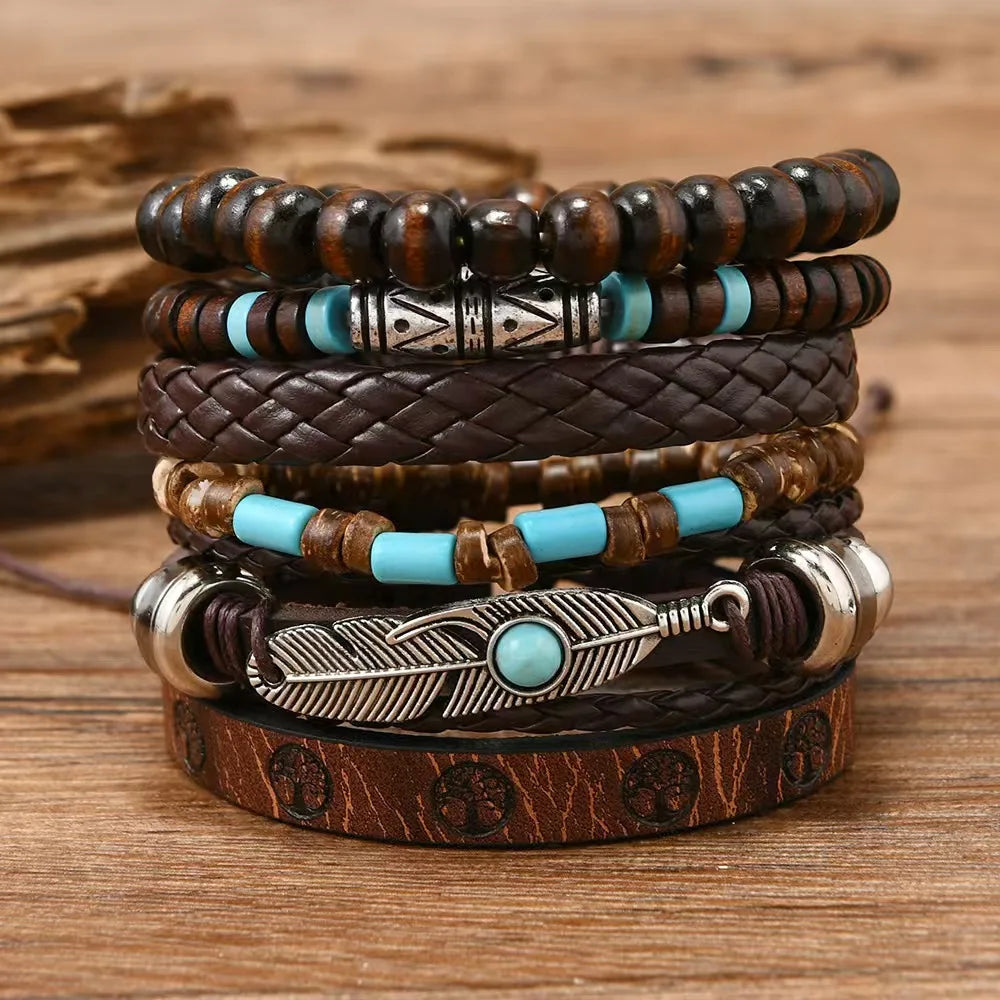 Unisex Vintage Leather Bracelets – 22 Styles | 6 Pieces per Set