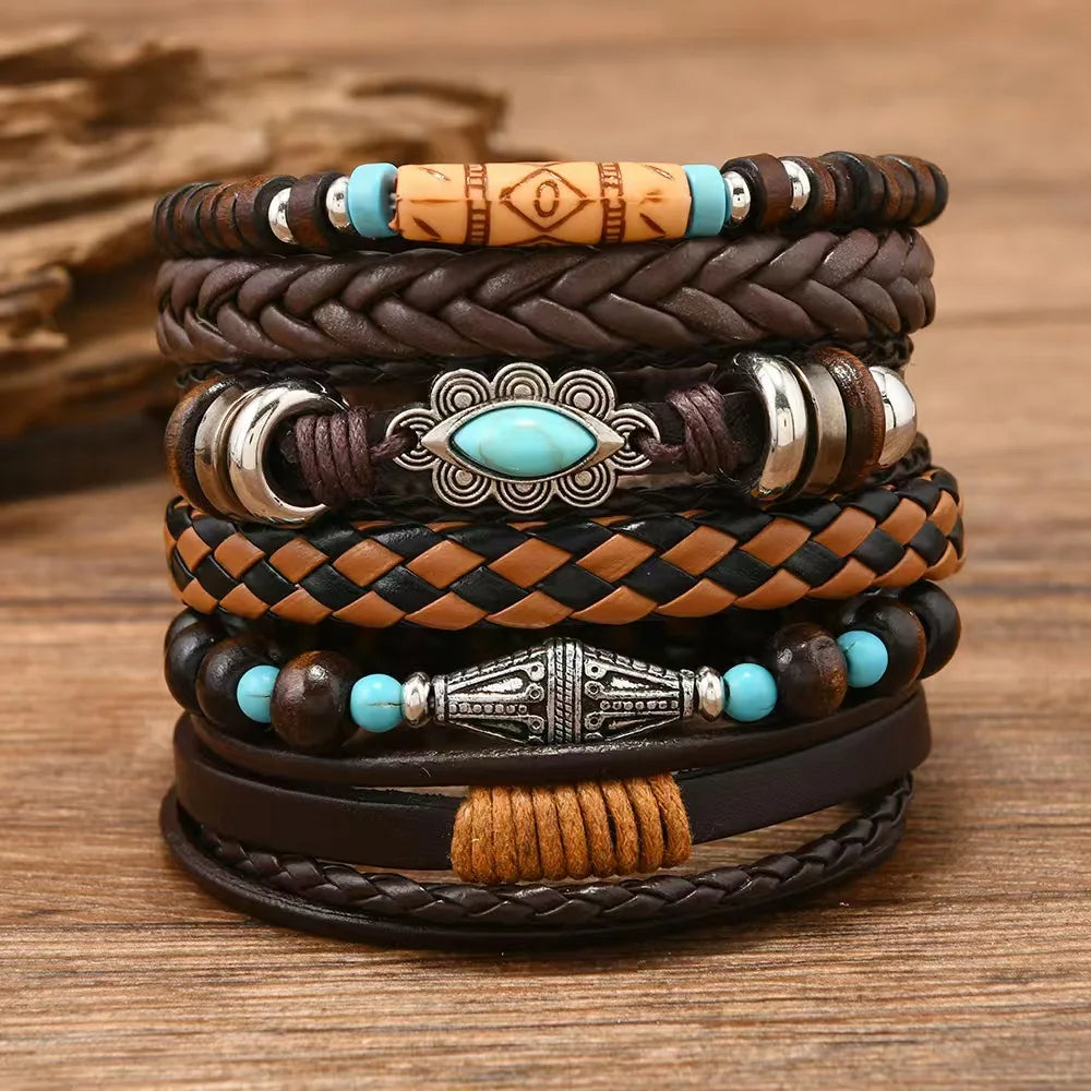 Unisex Vintage Leather Bracelets – 22 Styles | 6 Pieces per Set