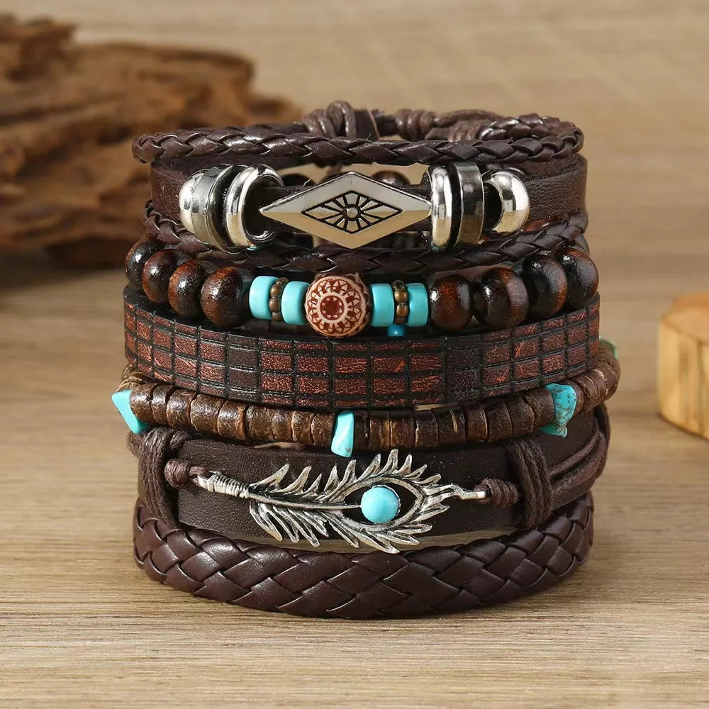 Unisex Vintage Leather Bracelets – 22 Styles | 6 Pieces per Set